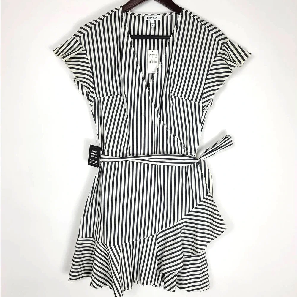 Express Surplice Tie Waist Ruffle Stripe Dress - Picture 1 of 4